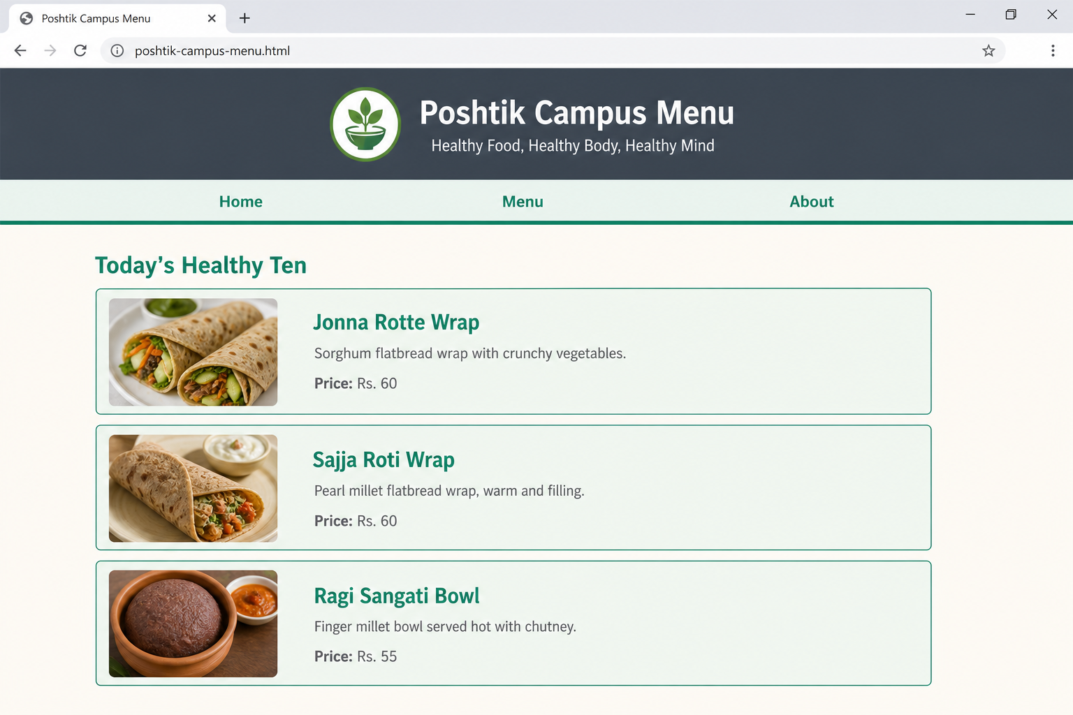 Browser window showing the same menu.html after CSS is applied: a dark slate-gray centred header banner with the white heading Poshtik Campus Menu and a white tagline, a pale mint navigation bar with a green bottom border holding three green links without underlines, a sea-green heading Today's Healthy Ten, and three pale mint dish cards each with a two-pixel sea-green border, a food photo, a bold sea-green dish name, a description and a price, all on a warm off-white background in a sans-serif font.
