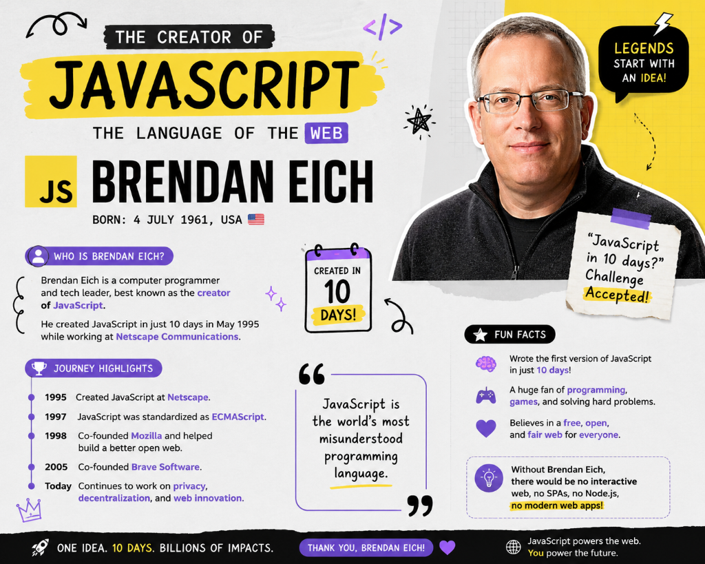 Infographic: Brendan Eich, the creator of JavaScript — born 4 July 1961, created JavaScript in 10 days at Netscape in 1995